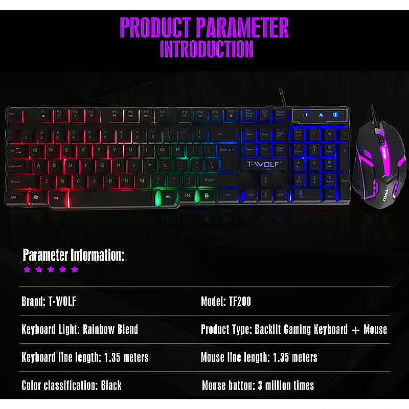 T-WOLF TF200 Gaming set 2in1 Multimedia Keyboard Rainbow LED Backlight