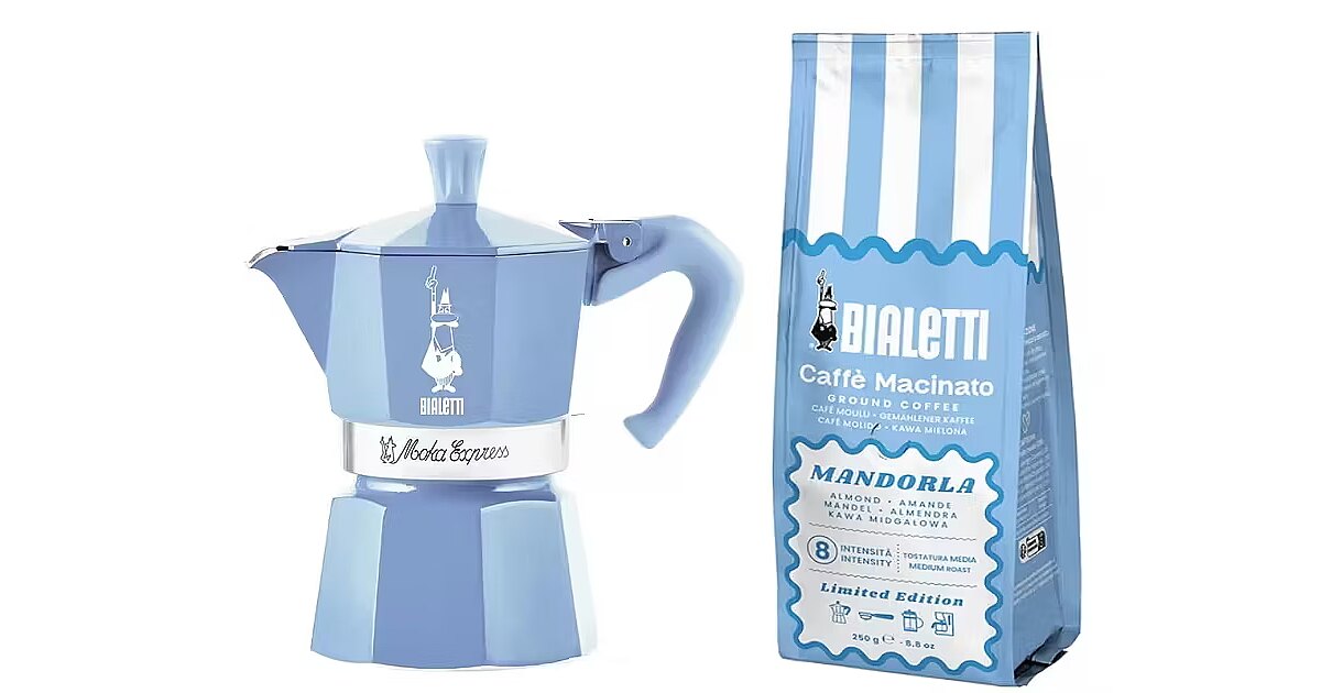 Bialetti Moka Express, Blue - 3 cups & almond coffee (8006363095341)