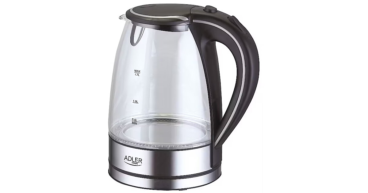ADLER AD 1225 FO Wasserkocher – 1,7 Liter, 2200 Watt, Schwarz/transparent, Mit Beleuchtung & Filter