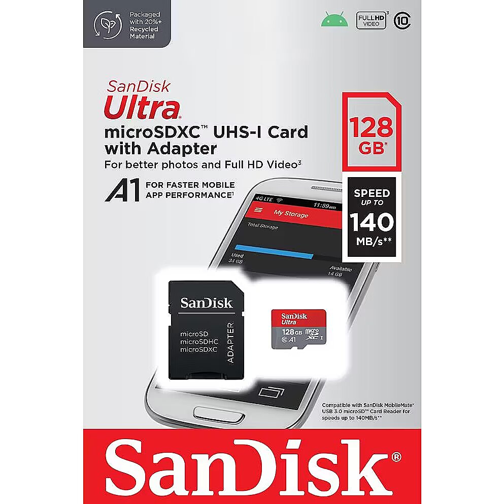 Sandisk Ultra, microSDXC, 128GB, UHS-I, U1, V10 +Adapter (SDSQUAB