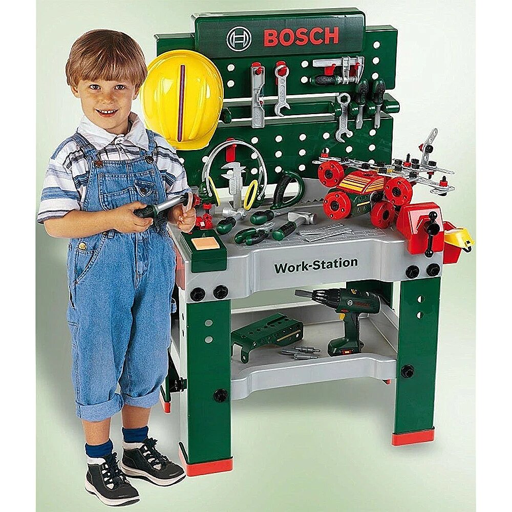 Включи станцию для детей. Игровой верстак Klein Bosch 8485. Детский верстак Bosch с шуруповертом Klein. Болгарка детская Bosch Klein 8426. Игровой набор для мальчиков строителя Bosch Workshop.