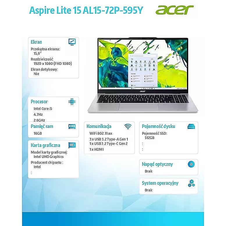 Acer Aspire Lite 15 AL15-72P シルバー 本体 1TB Acer Notebook Aspire Lite 15 AL15-72P-595Y i5-13500H, 15.6 FHD IPS