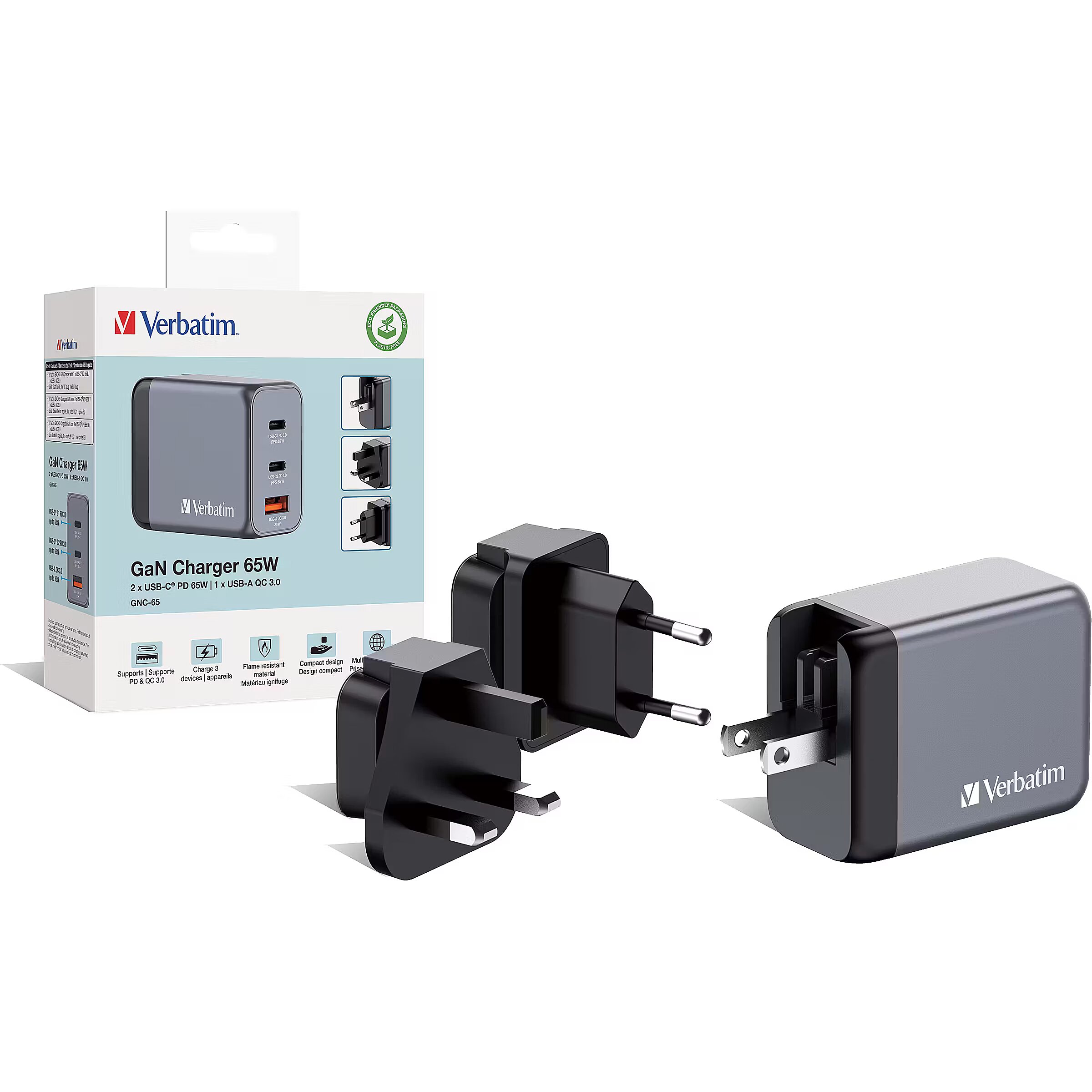 Verbatim GaN charger 65W, 1x USB-A, 2x USB-C (grey, PD QC