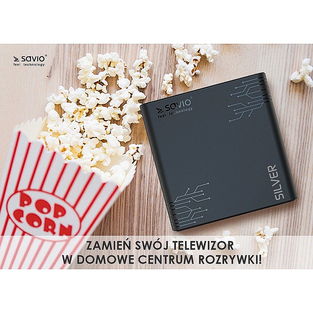 SAVIO Smart TV Box Silver, 2/16 GB Android 9.0 Pie, HDMI v 2.1, 8K, WiFi,  100mbps, USB 3.0, SAVIO TB-S01 Savio