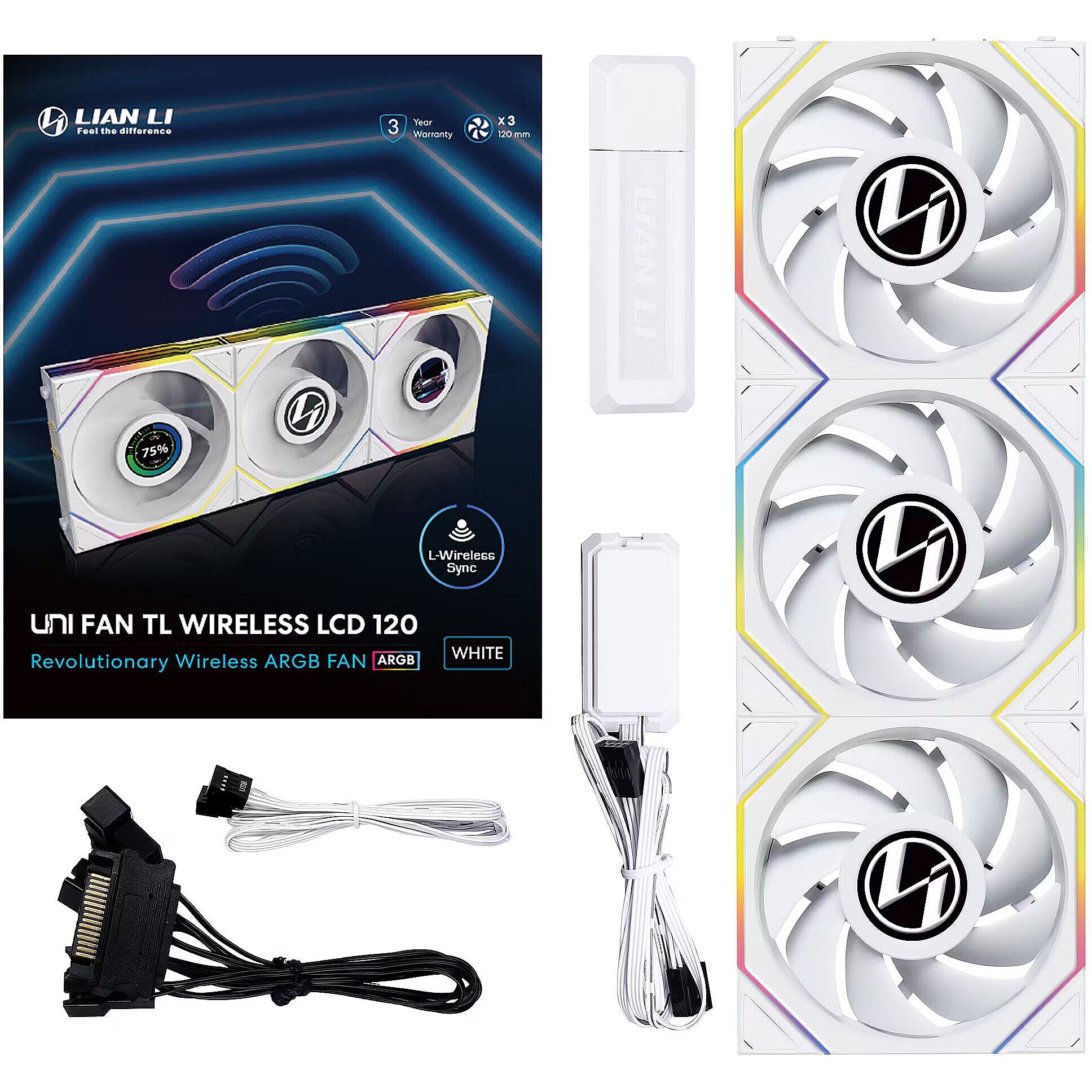 Lian Li UNI FAN TL 120 LCD Wireless, White, 3 Pack + Controller