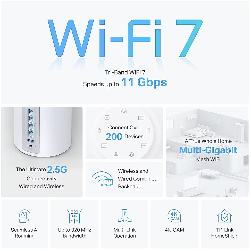 TP-LINK BE9300 Whole Home Mesh WiFi 7 System (DECO BE65(3-PACK))
